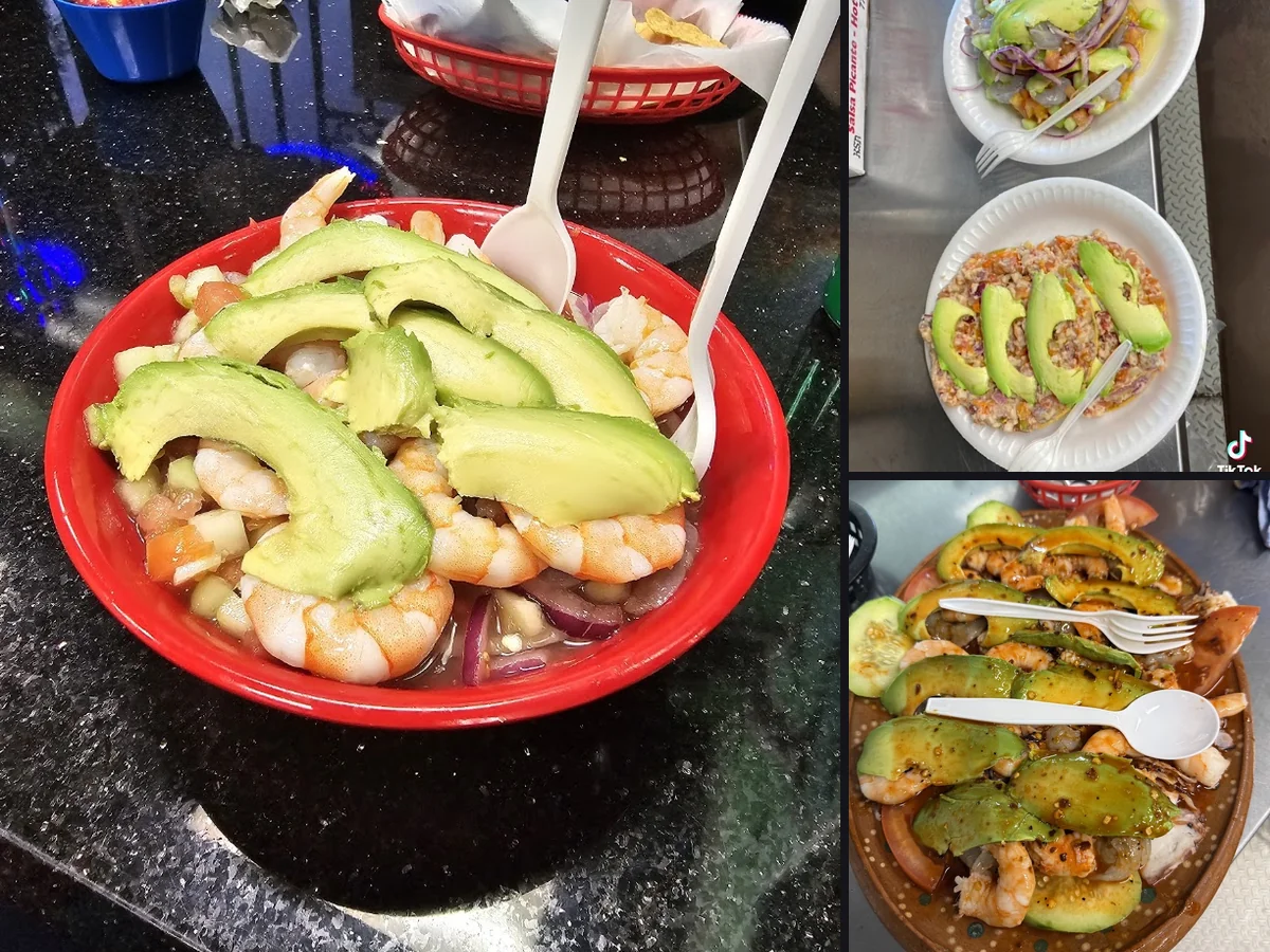 Tostadas topped with shrimp and ceviche.