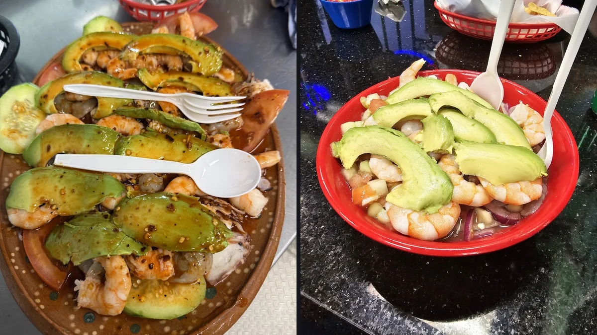 Colorful Mexican seafood dishes served together.