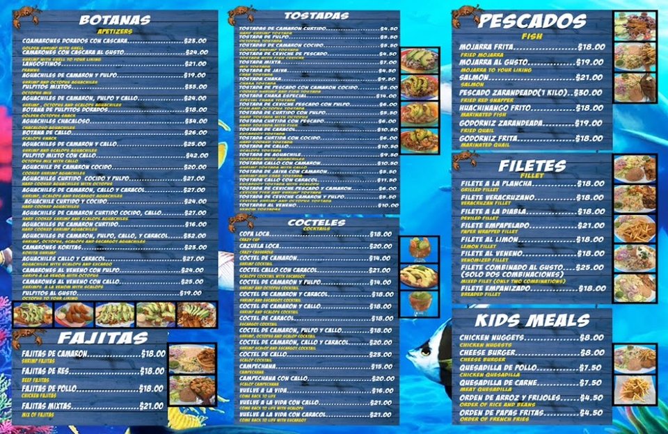Printed menu with seafood and taco sections.