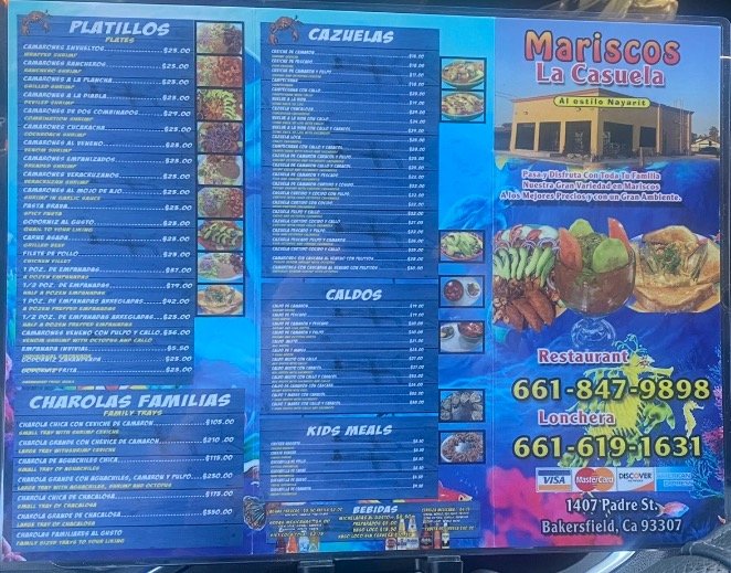 Cazuelas, tostadas, and orders listed.