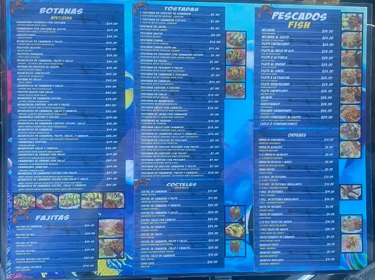 Menu page with seafood, kids meals, and sides.
